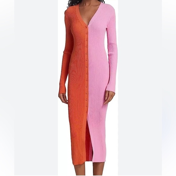 Pink and Orange Ribbed Button Down Midi Sweater Dress - Picture 3 of 11